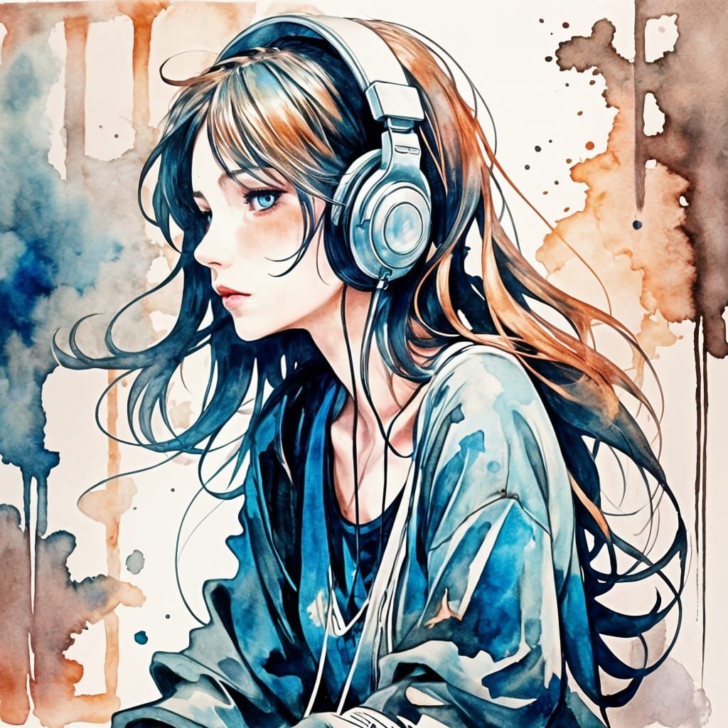 Gothic Grunge Girl with Headphones in Watercolor Style