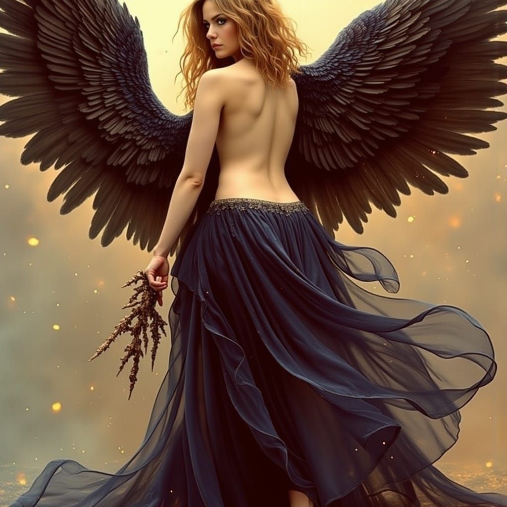 Ethereal Fallen Angel in Dark Oil Paint Style