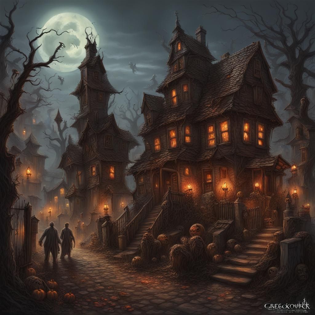 hyperdetailed spooky haunted village with ghosts and demons sinister by Greg Rutkowski ...  by @PeteArtwork