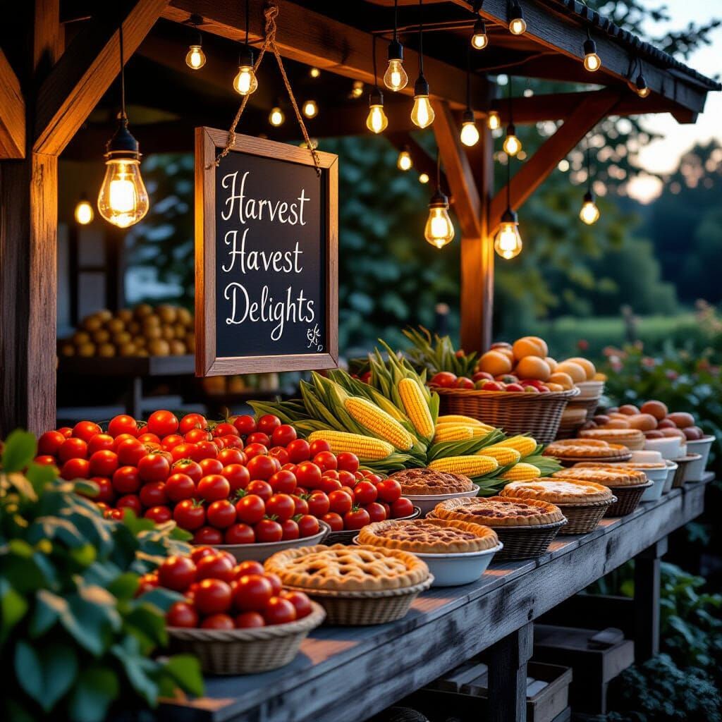 A charmingly cluttered farmstand at dusk, bathed in the warm glow of string lights and lanterns. Baskets ...  by @SirGayle