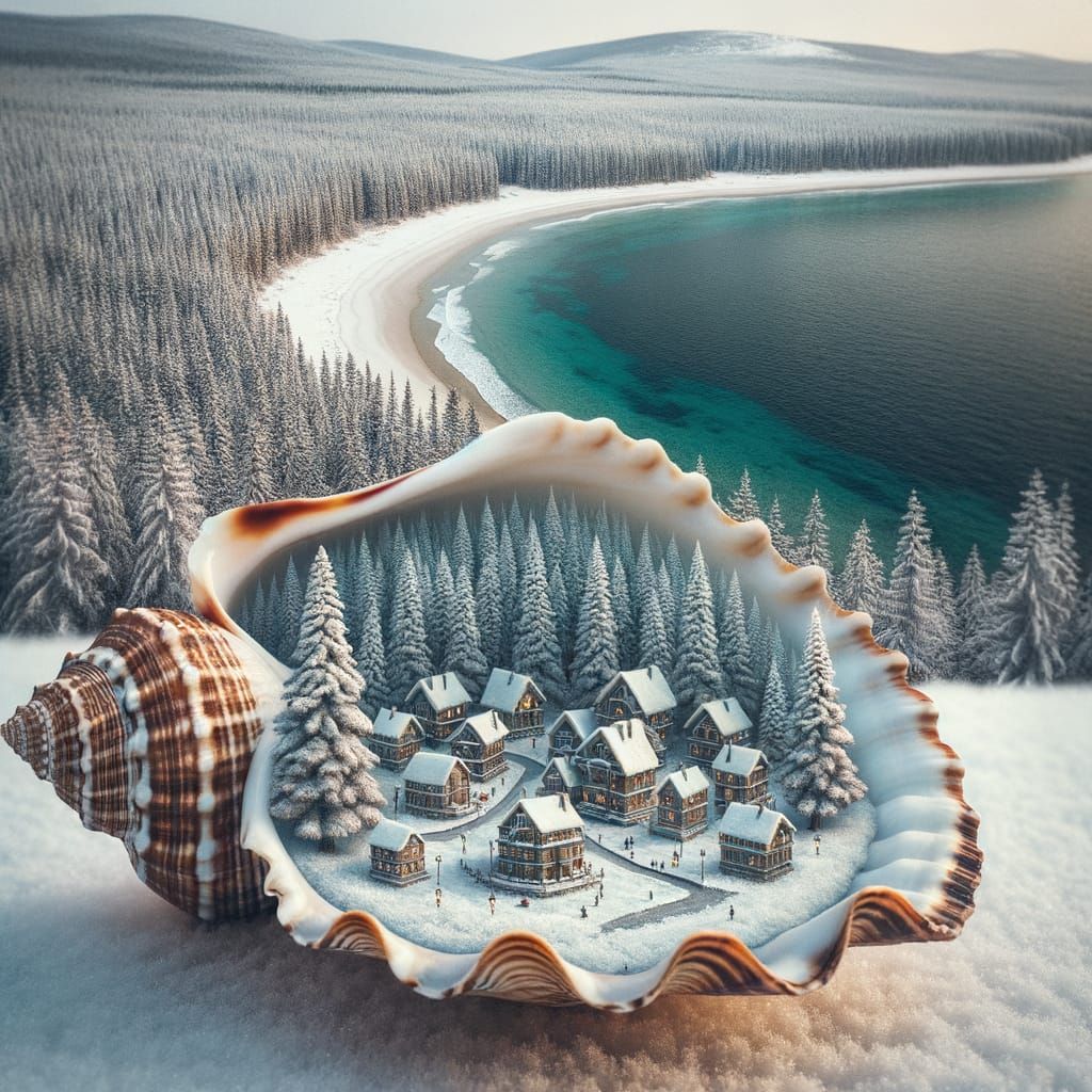 Background snowy pine forest, an open shell lies on the shore, inside it is a diorama of a winter fairy ...  by @mcecelia