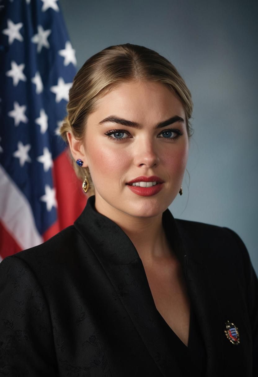 (Kate Upton as a congresswoman), captivating (smile), confident pose, dressed in a stylish formal outfit, vibrant colors, striking details,...