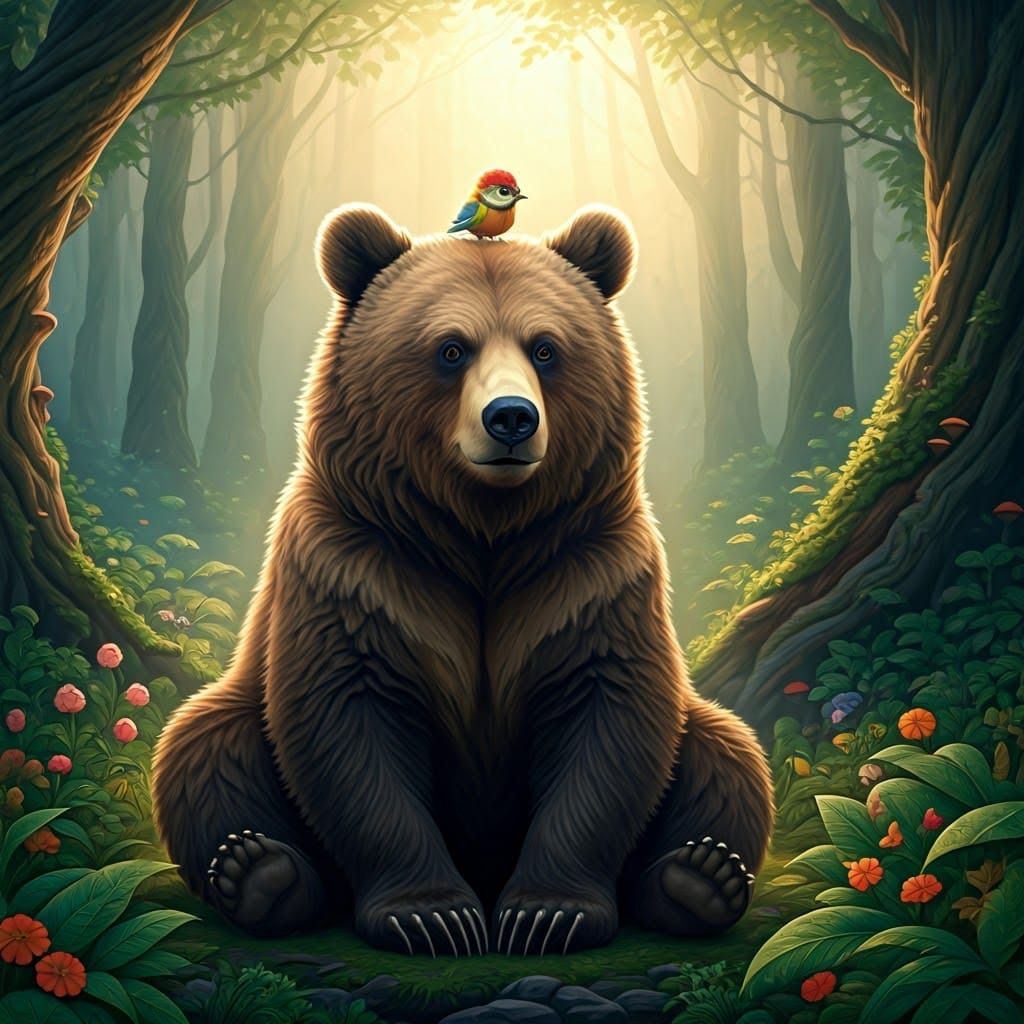 Whimsical Woodland Scene: Gentle Bear Cub Surrounded by Lush...
