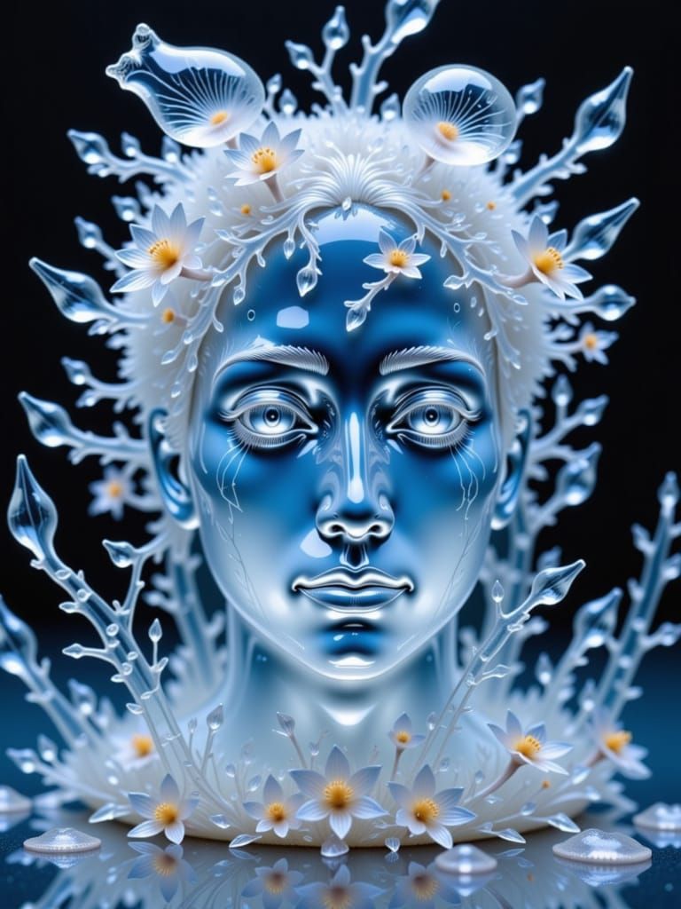 A Transparent crystal intelligent man, glowing blue and white cracks, with transparent black tears running down her crystal man-face,  as tr...