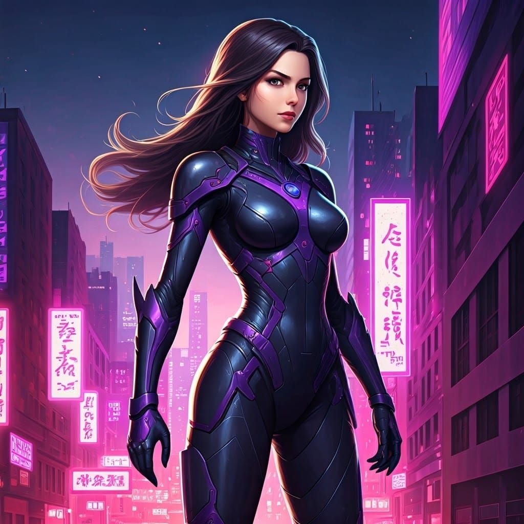 Heroic Anime Woman Stands Tall in Neon Cityscape