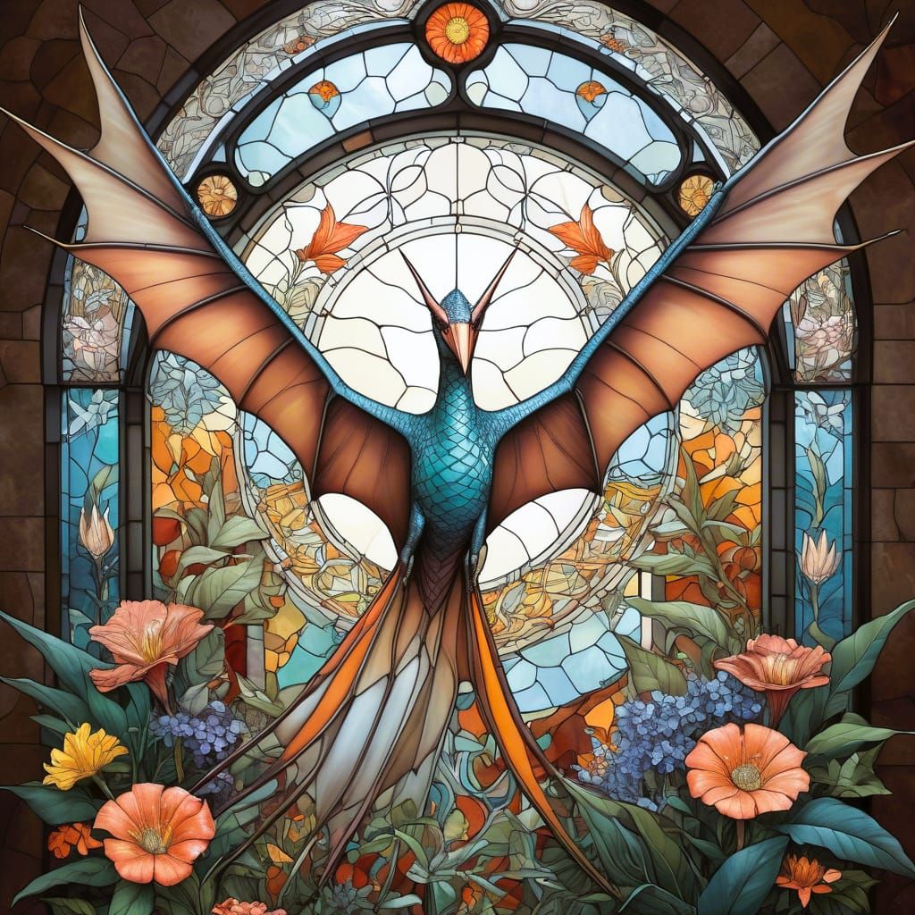 "Pteranodon" :  Animal préhistorique, reptile volant avec une envergure impressionnante, connu pour sa crête allongée su...