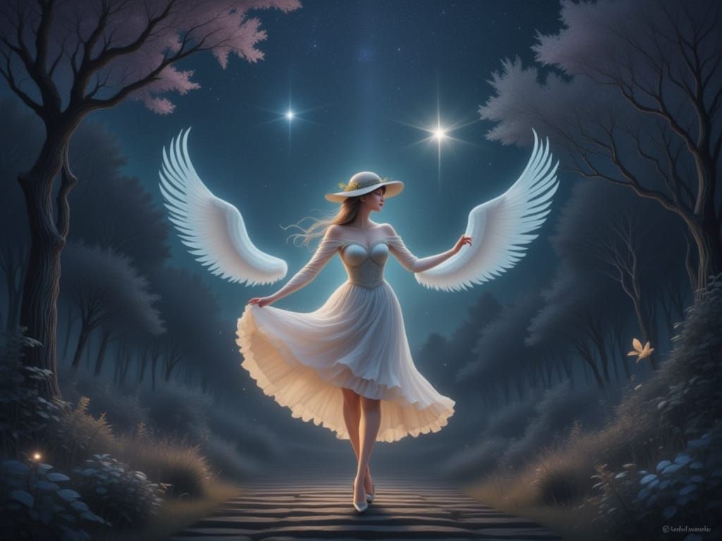 With a top hat perched high,
She spins through the night
The Star watches close,
In a dance of pure light <lora:Echoes of the Night:1.0>