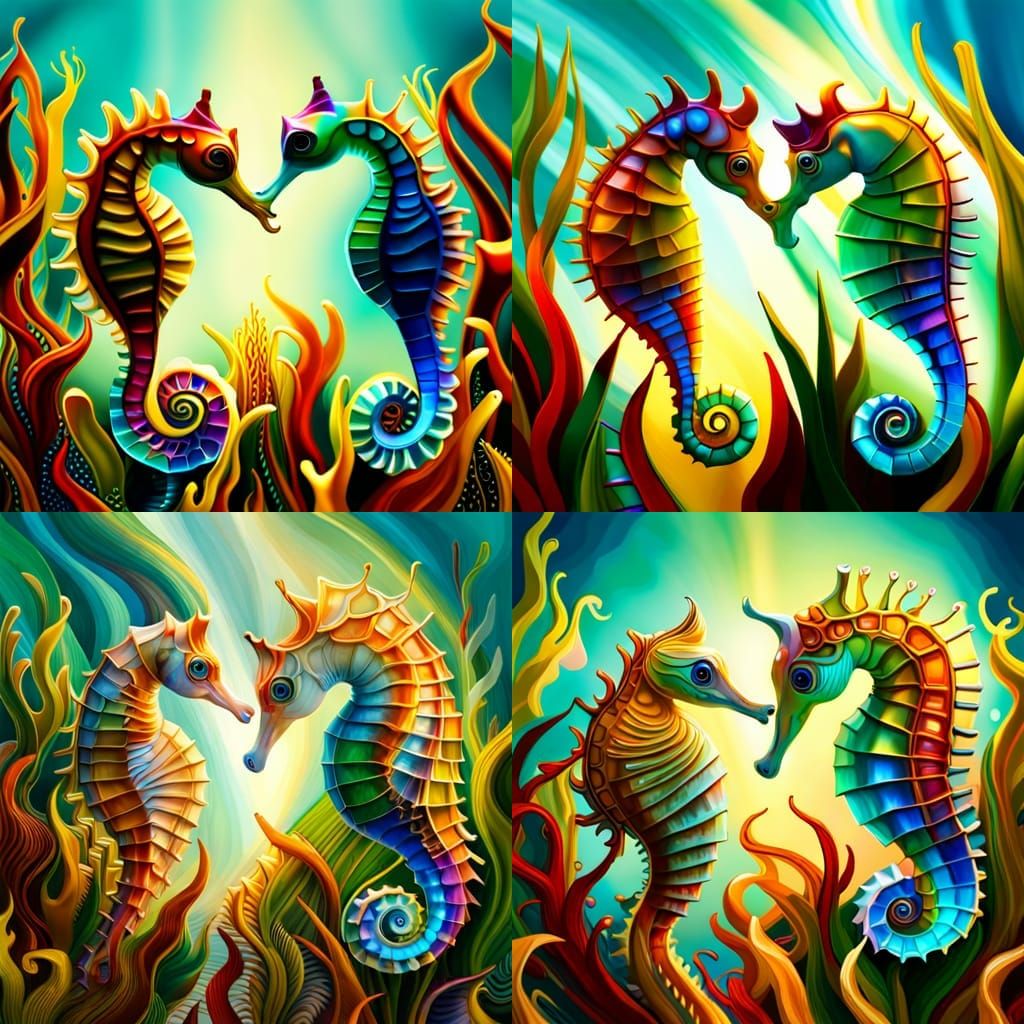macro lens iridescent seahorse couple courtship dance, multi colored, Azure eyes in intricate turquois ocean microecosys...