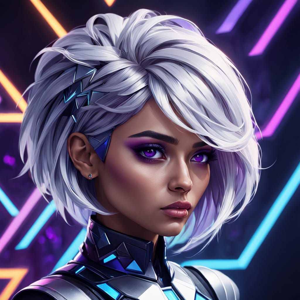 Latina Woman Portrait with Geometric Hair and Neon Lights