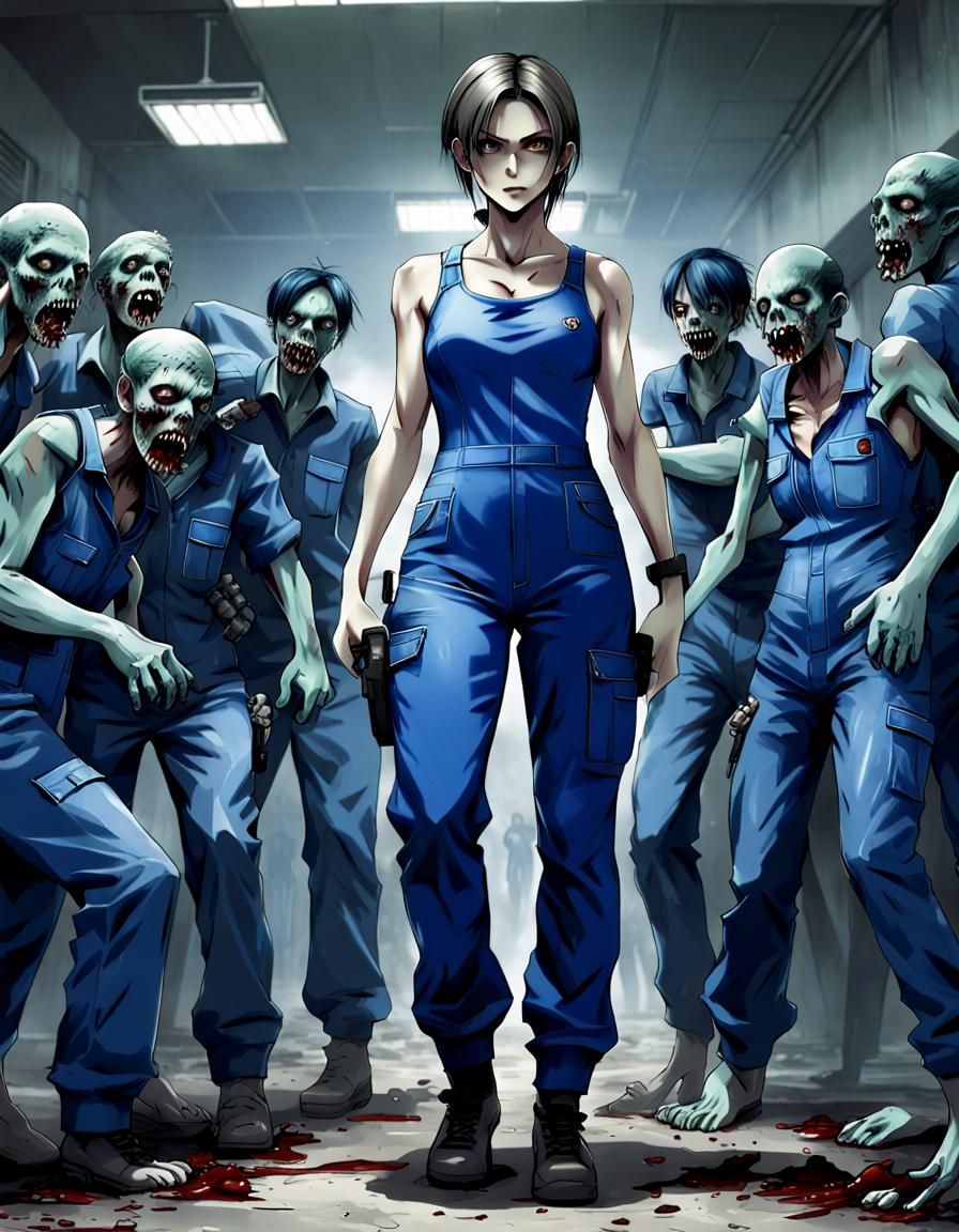 jill valentine wearing blue jumpsuit, full body, zombie surrounded