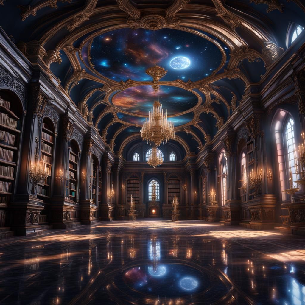 Large galaxy inspired gothic rococo library with reflective ...