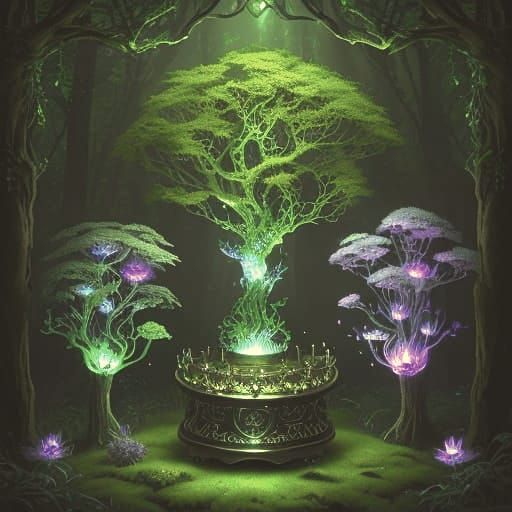 Weird surreal Highly creative. A sentient, antique music box, carved from dark wood and inlaid with glowing celestial patterns, sits on a mo...