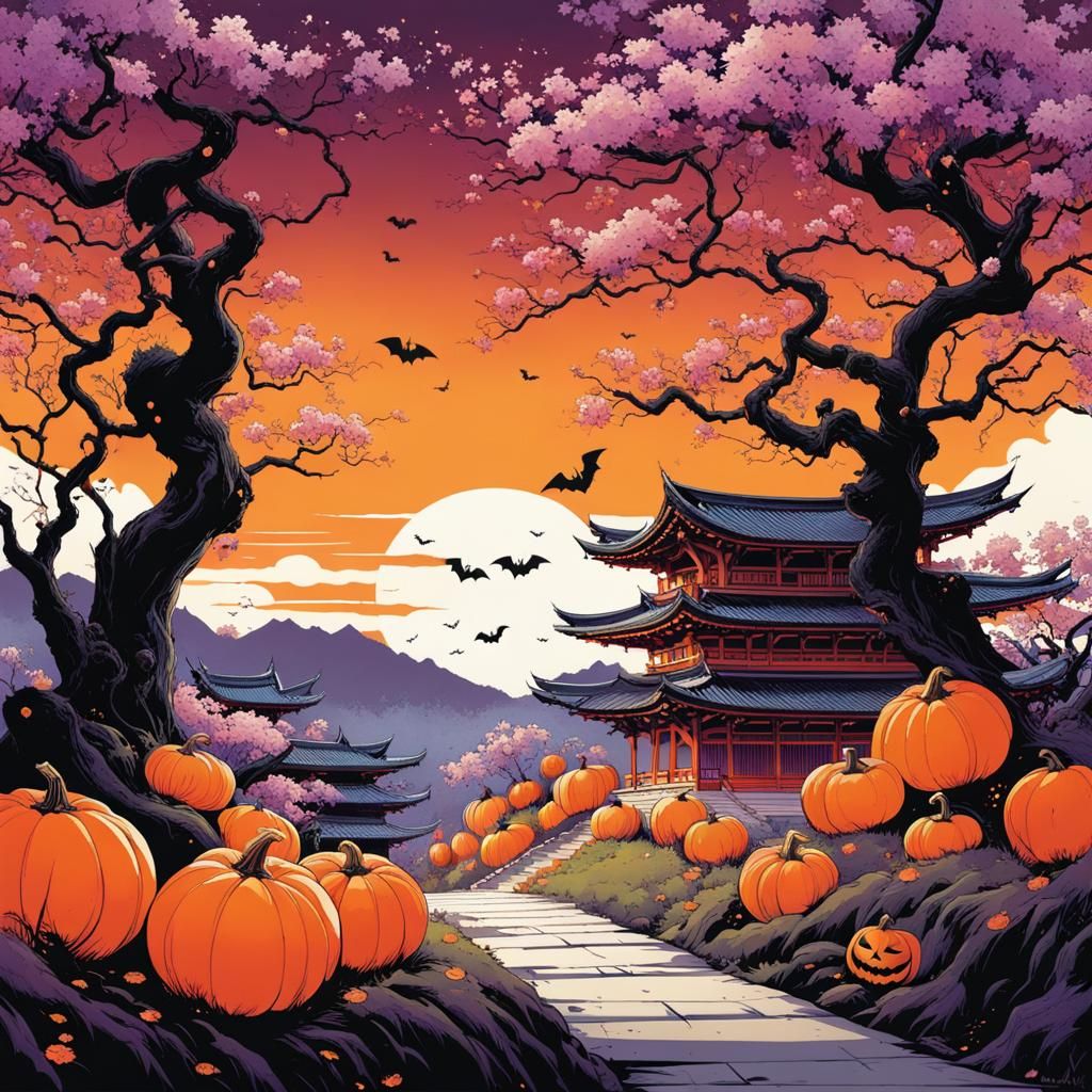 A Halloween Japanese countryside, orange and purple cherry blossom