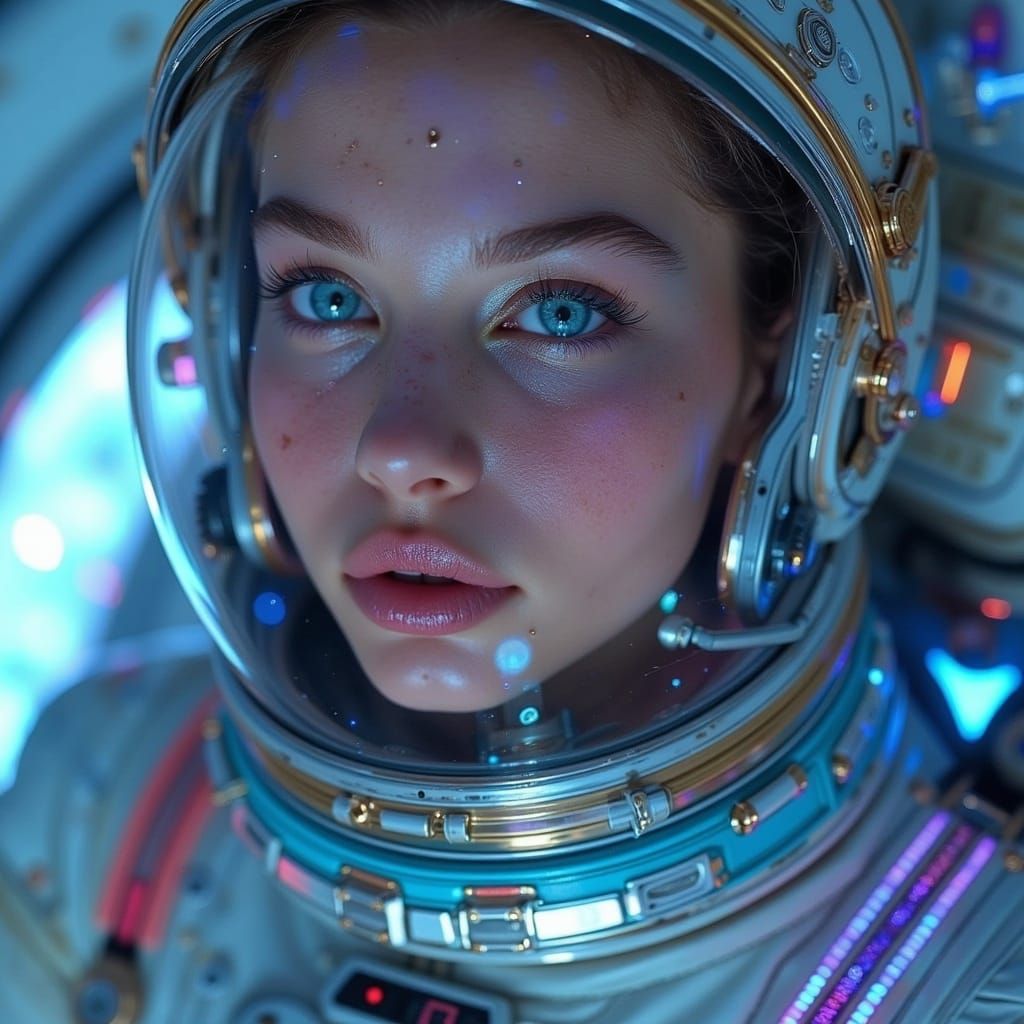 A beautiful woman in an astronaut suit. she is in a spaceship.  light sky blue eyes. sparkles in the air freckles. closeup<lora:Starry eyes:...