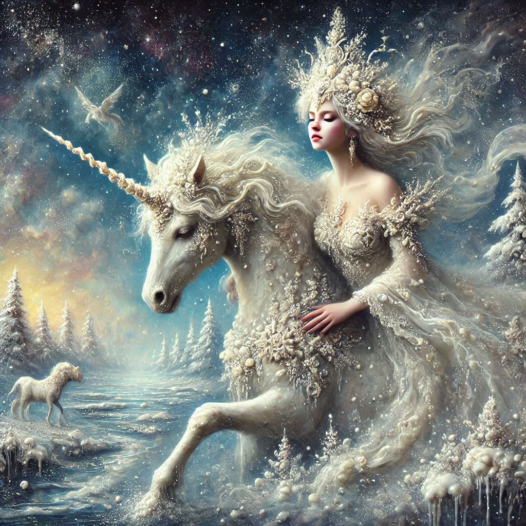 Winter goddess and her snow unicorn
