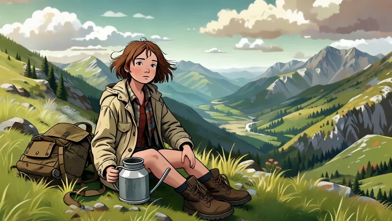 Rapscallionstyle, 1girl, short messy brunette hair blown by wind, freckles, wearing a worn canvas field jacket over a fl...