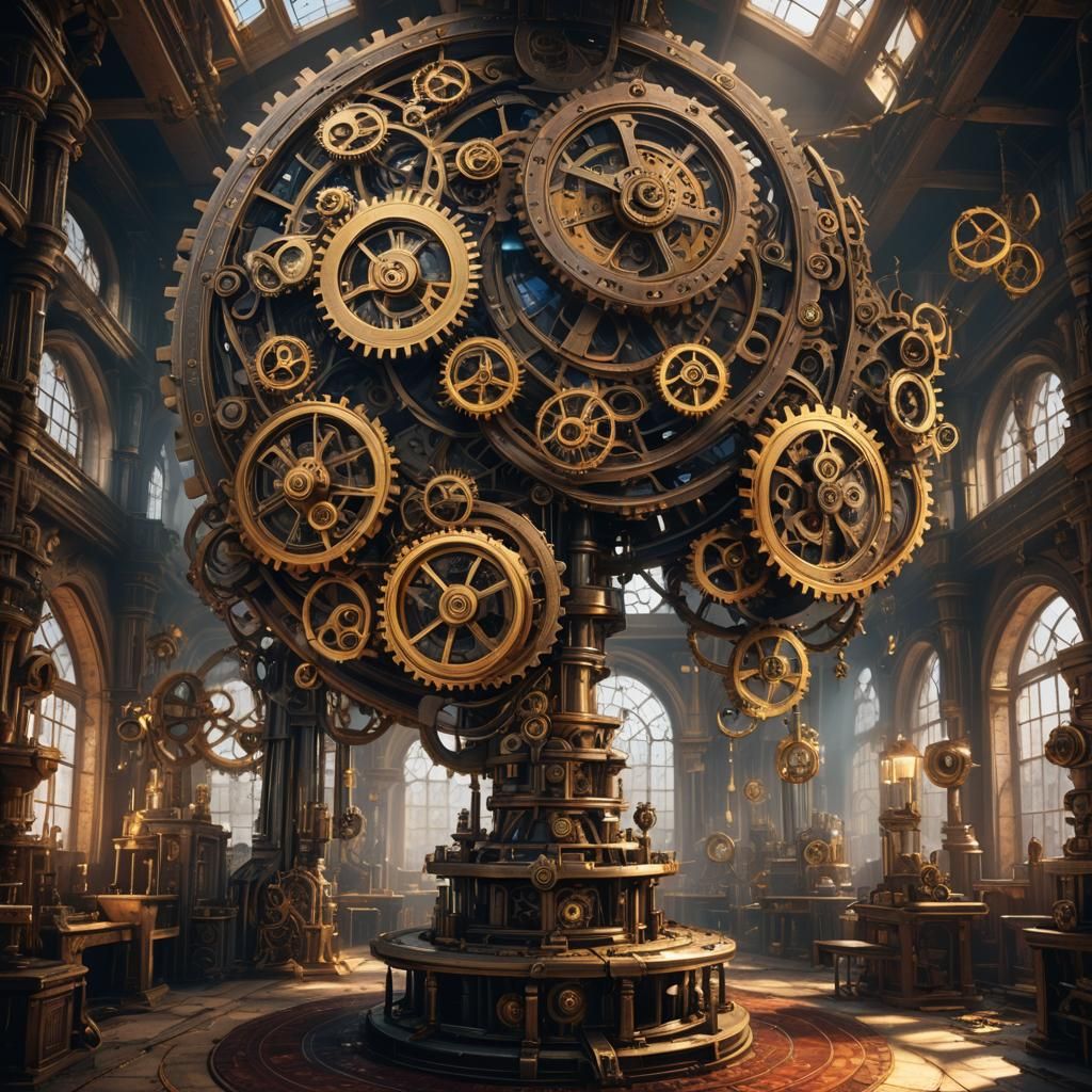 : A vast room filled with gears and clockworks spinning and ...
