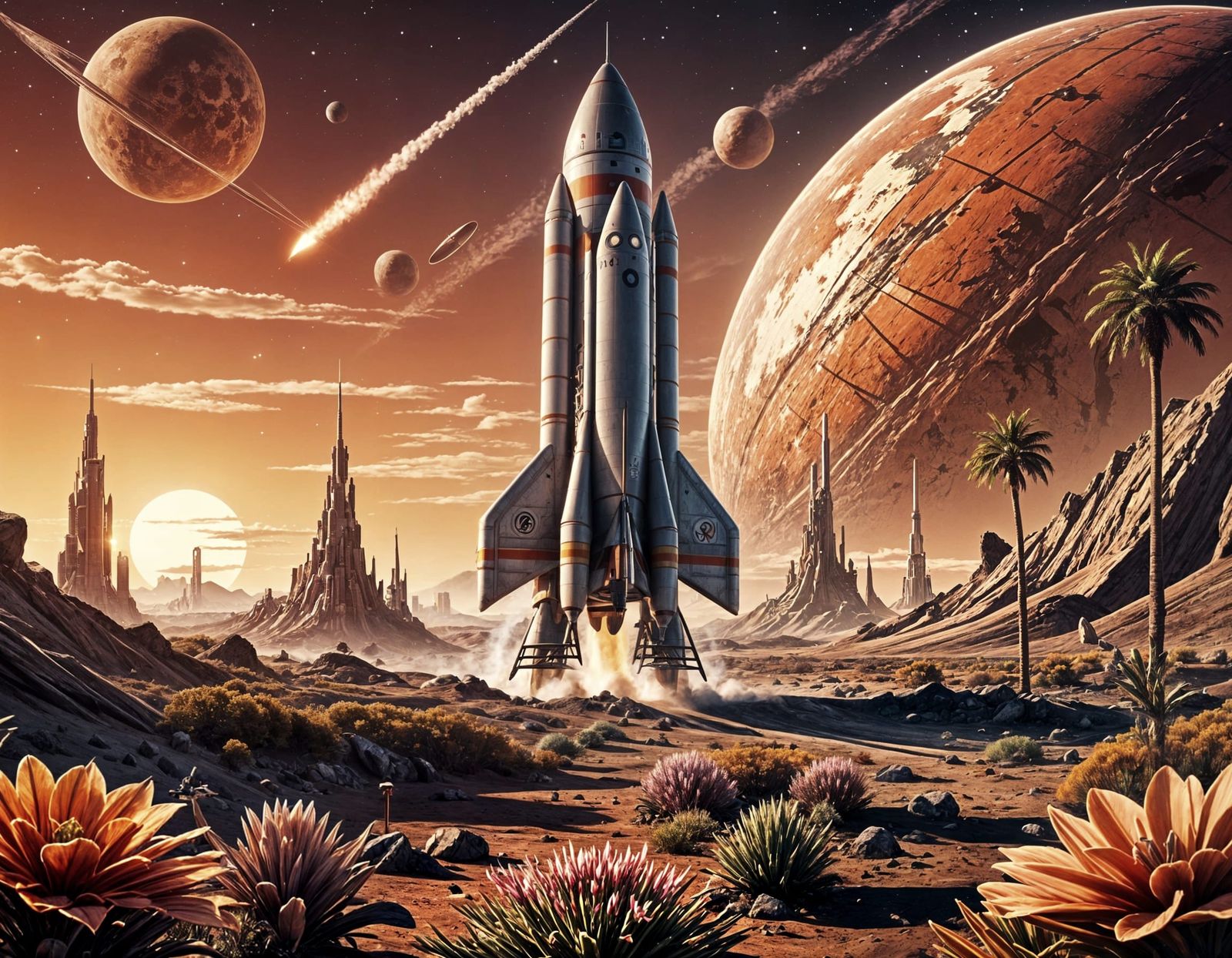 A retro-style rocket landing on a colorful, unknown planet.  by @Quebra