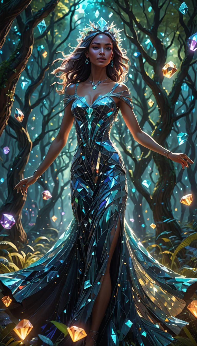 A diamond gem long dress diamond girl dancing in a biolumine...