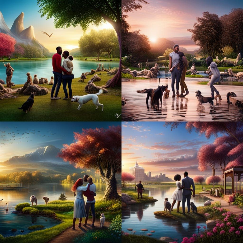 black couple and white couple playing with their dogs at a b...
