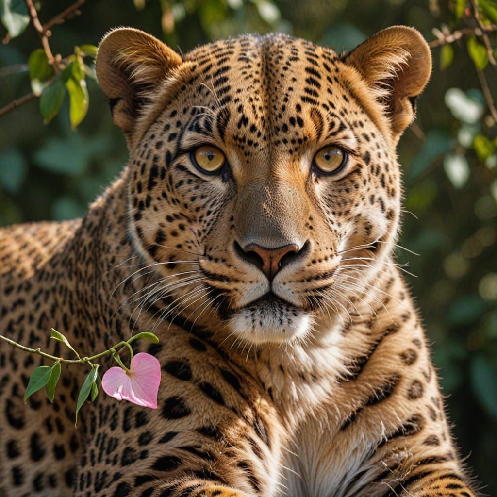 Un leopardo alto y majestuoso con un pelaje de color marrón dorado y manchas rosas en forma de corazones, que cubren su cuerpo de manera uni...