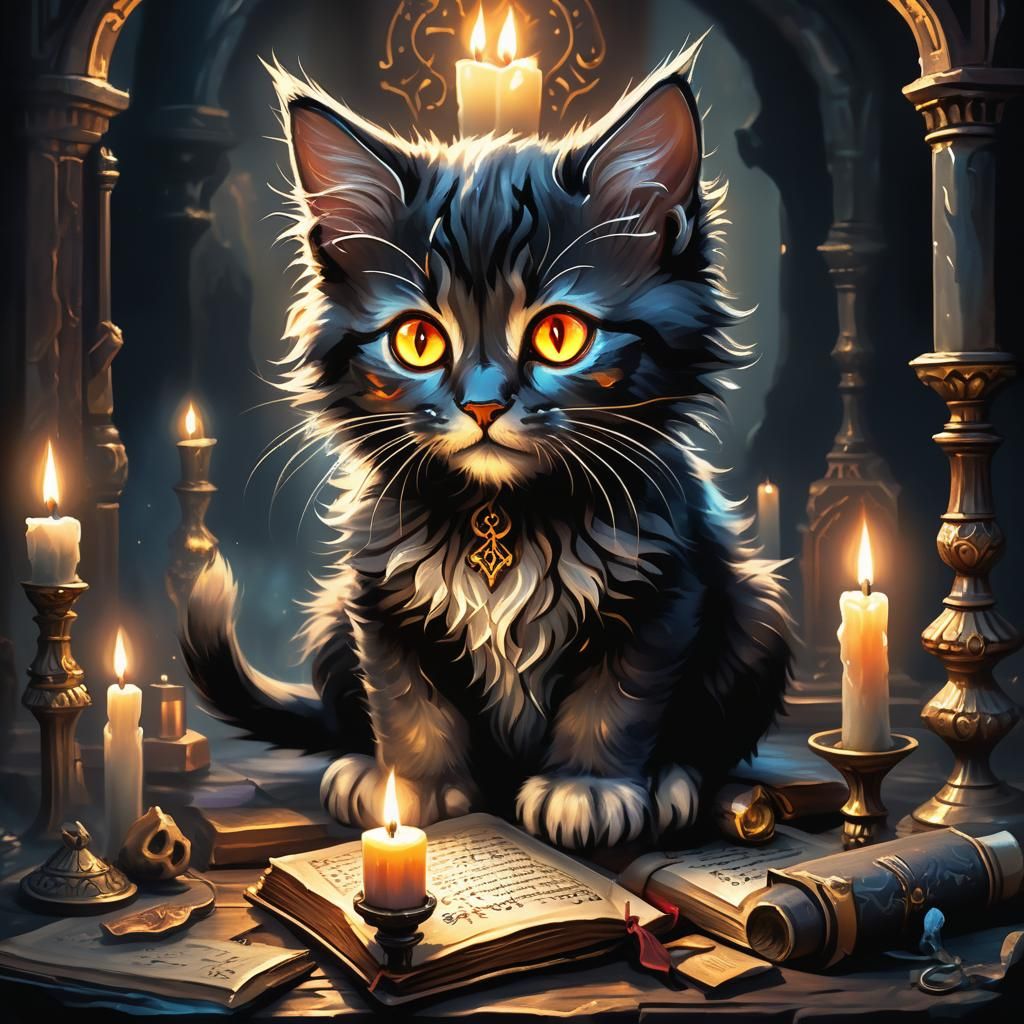 Mystical Kitten on Ancient Tome, Dark Fantasy Art