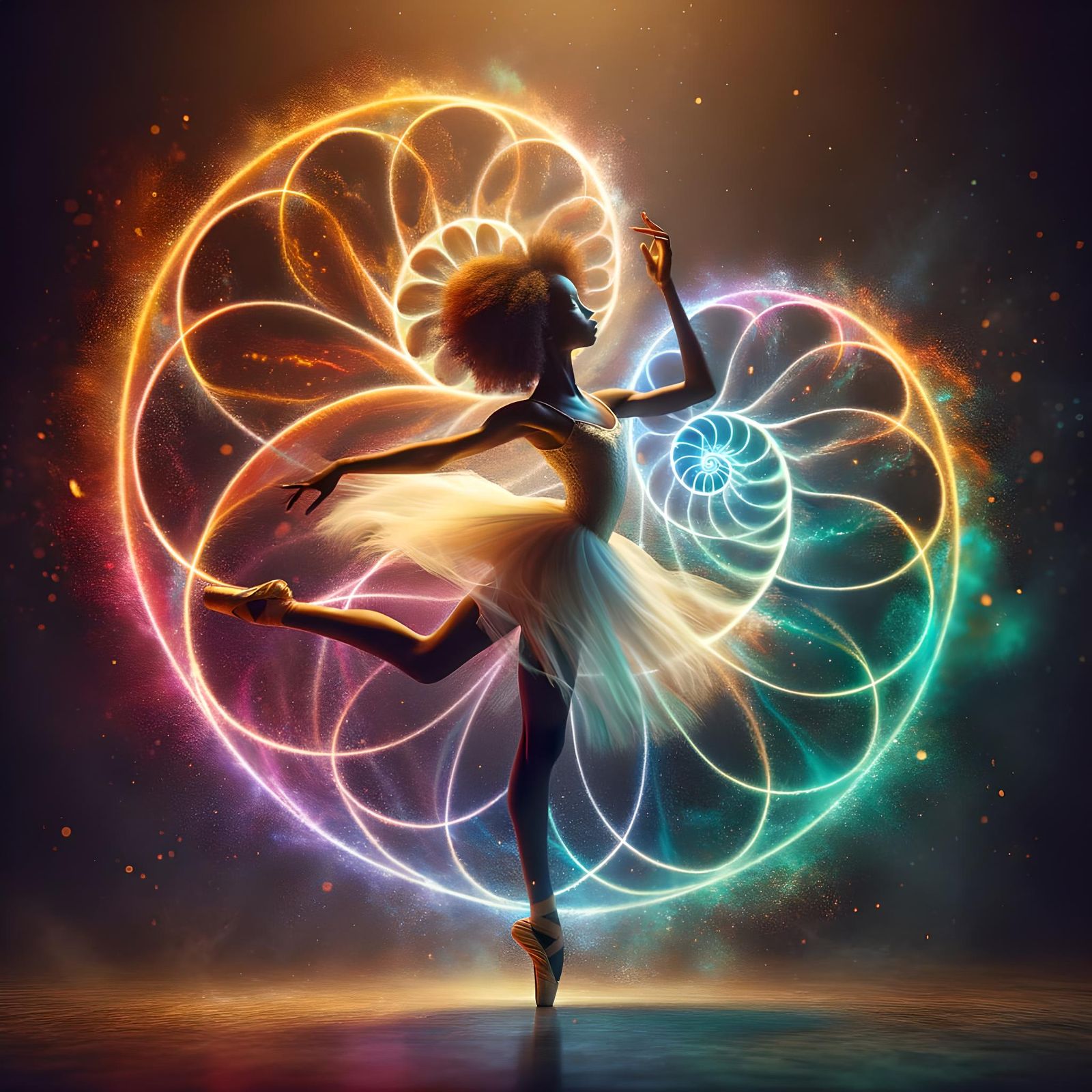 In A Vibrant Luminous Fibonacci Spiral The Young Female Dancer Moves As 