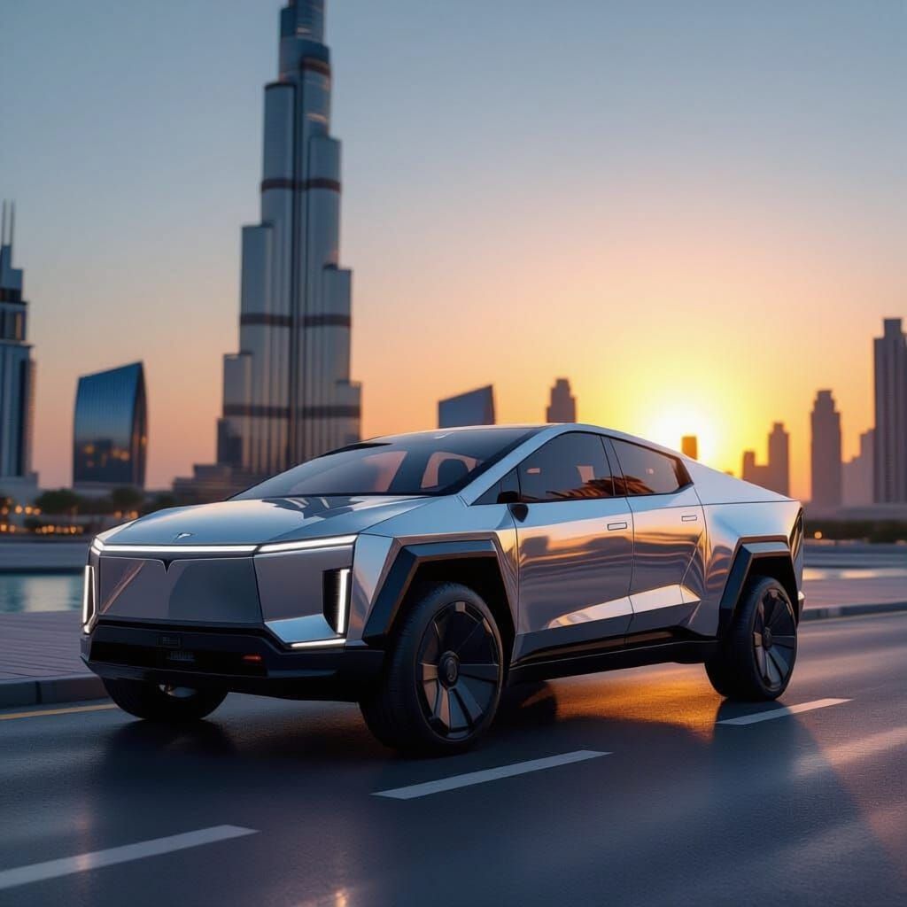 Tesla Cybertruck at Burj Khalifa in Hyper-Realistic Style