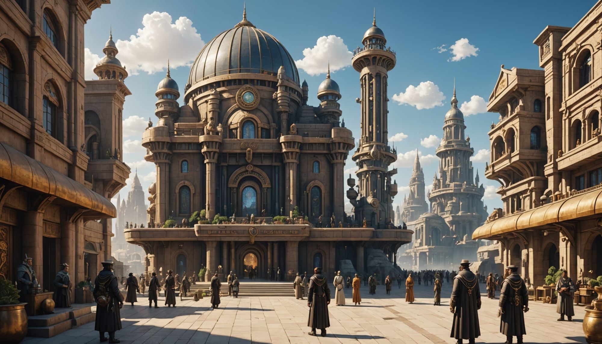 A hyper-realistic image of a futuristic steampunk Babylonian terrace city with techy buildings, big temples and statues of animal gods all a...