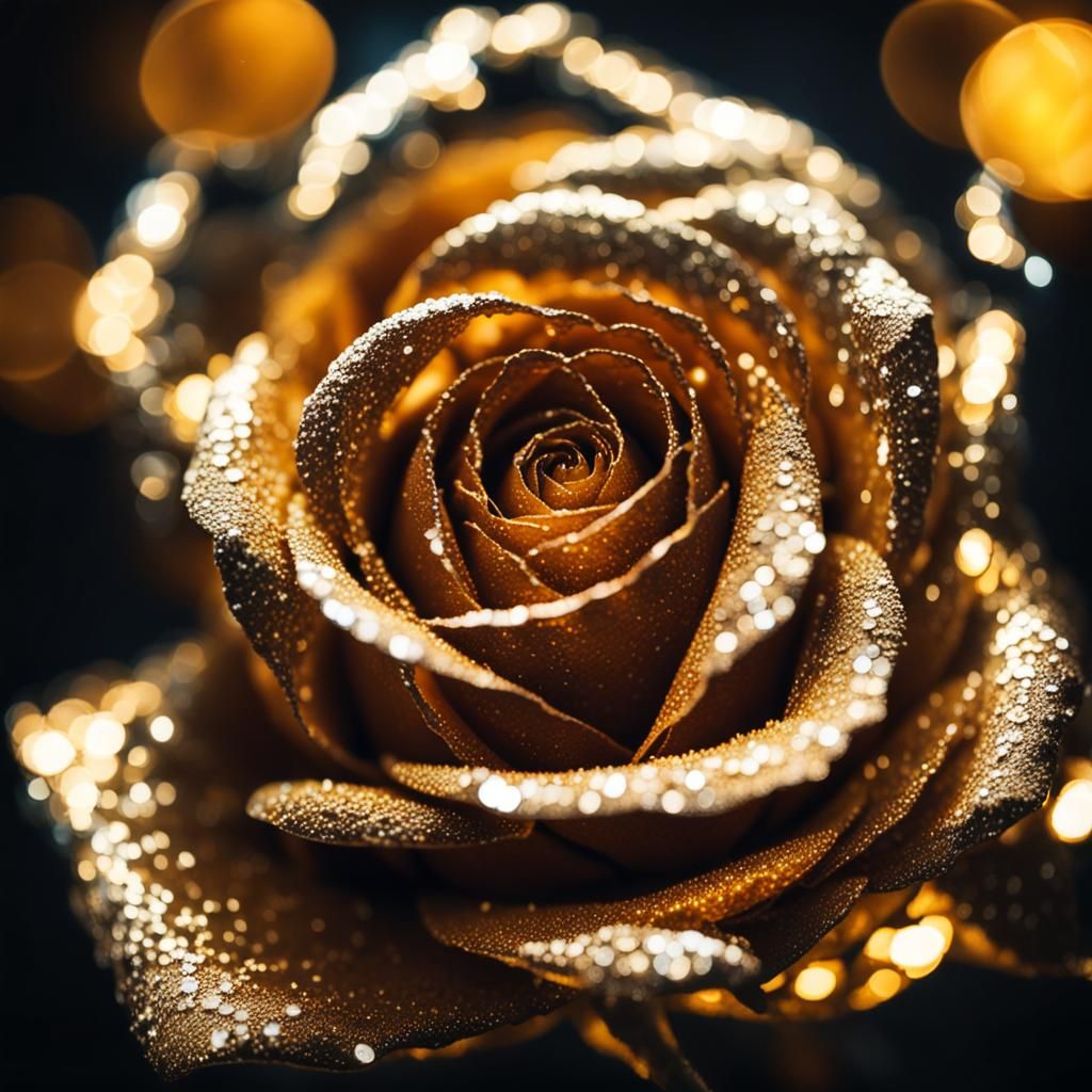 crystal golden rose shining in the middle of the dark room