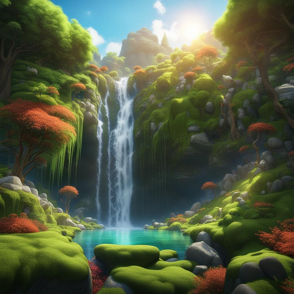 Waterfall, falling onto rocks, green moss, pool at the botto...