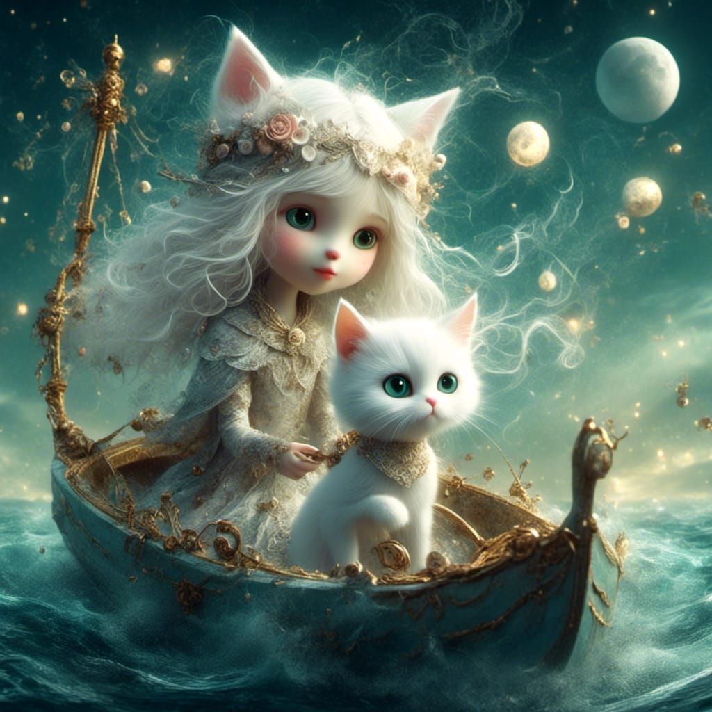 Tha Cat, the Little Girl, and the Moon  by @Emy