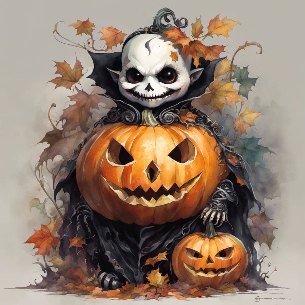 Adorable Cute Full Body Portrait Of Pumpkin King Breathtaking Fantasycore Watercolour 6990