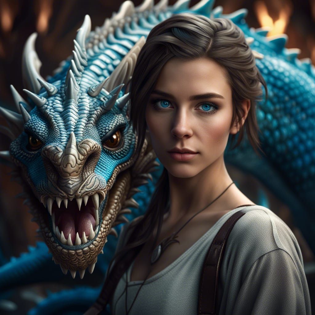 Selfie of a young woman with brown hair, blue eyes and facial piercings next to a dragon  by @Mira