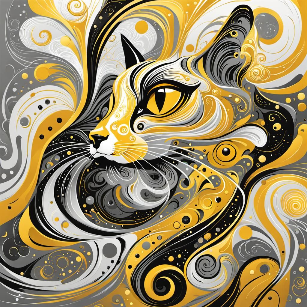 Abstract Cat Profile Illustration in Yellow, Gold and White