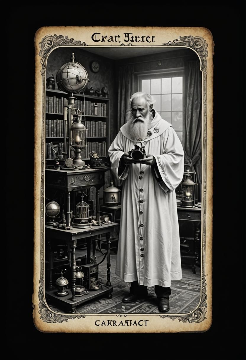 black and white photography. fog. old fashioned tarot card d...