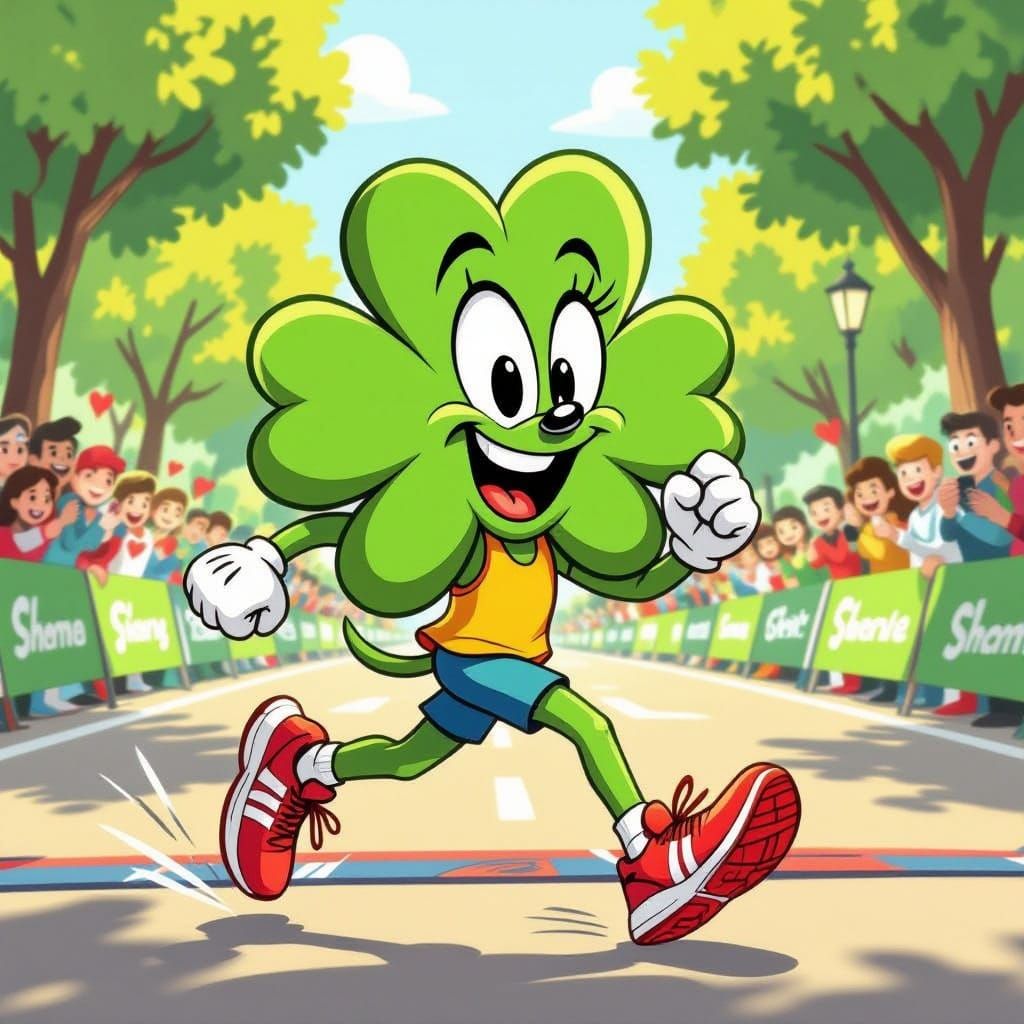 A human-like shamrock wearing running shoes running a 5k race