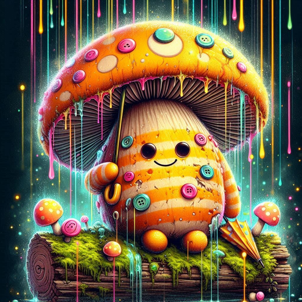 Fluffy mushroom spirit plush toy with bright orange and yellow striped shirt, mismatched buttons for eyes and a cheerful grin, leaning on a ...