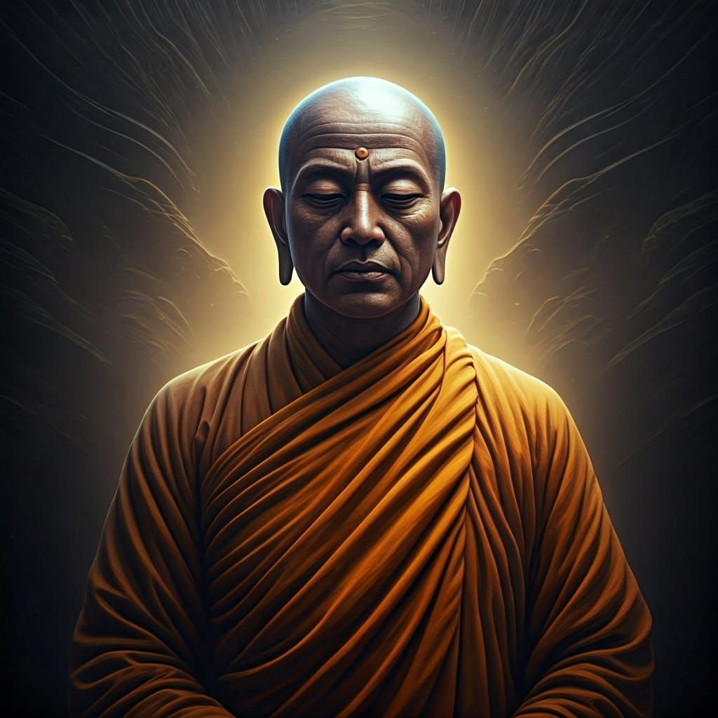 Serene Monk in Mystical Landscape: Digital Matte Painting