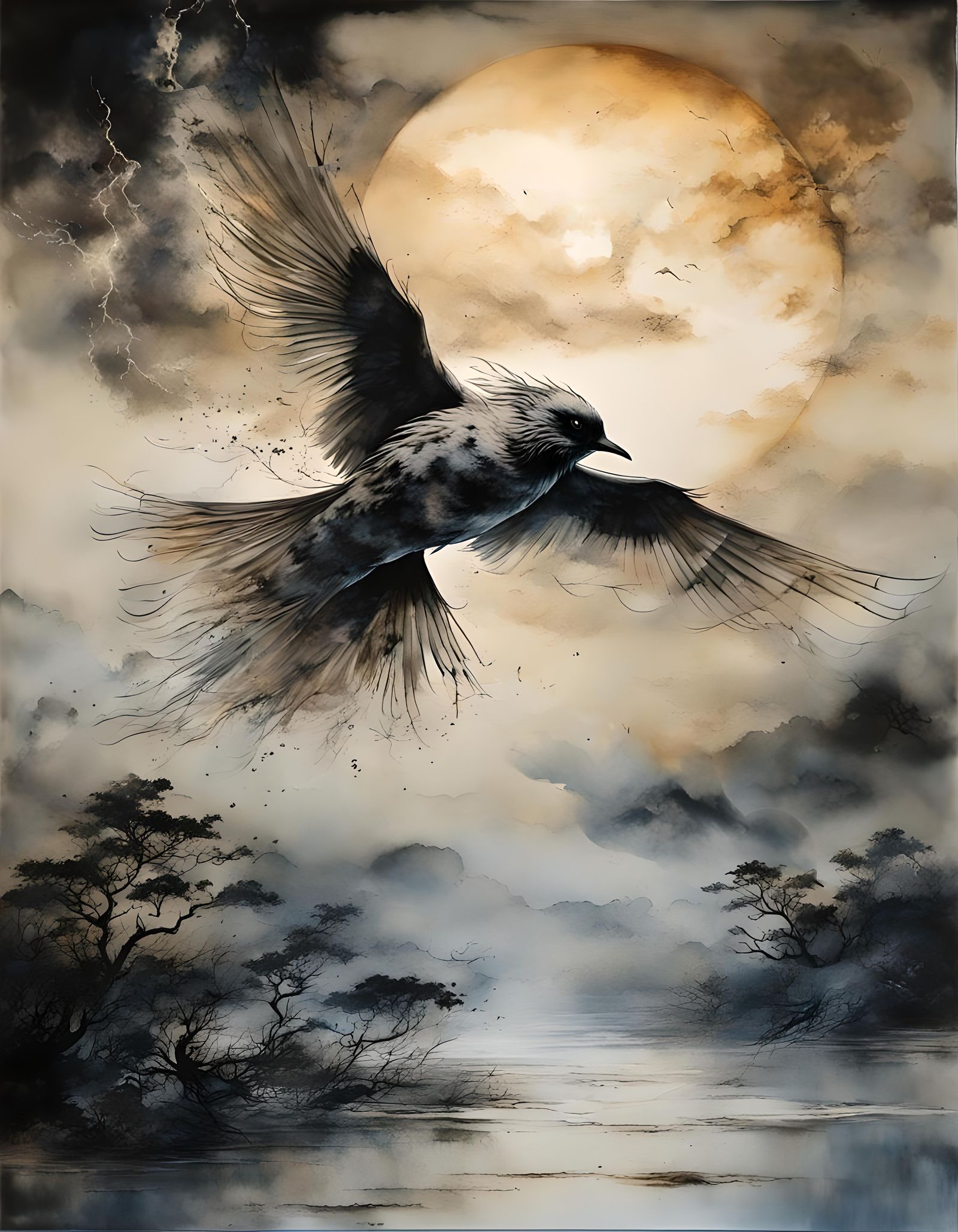Bird in Flight: Sumi-e and Encaustic Style