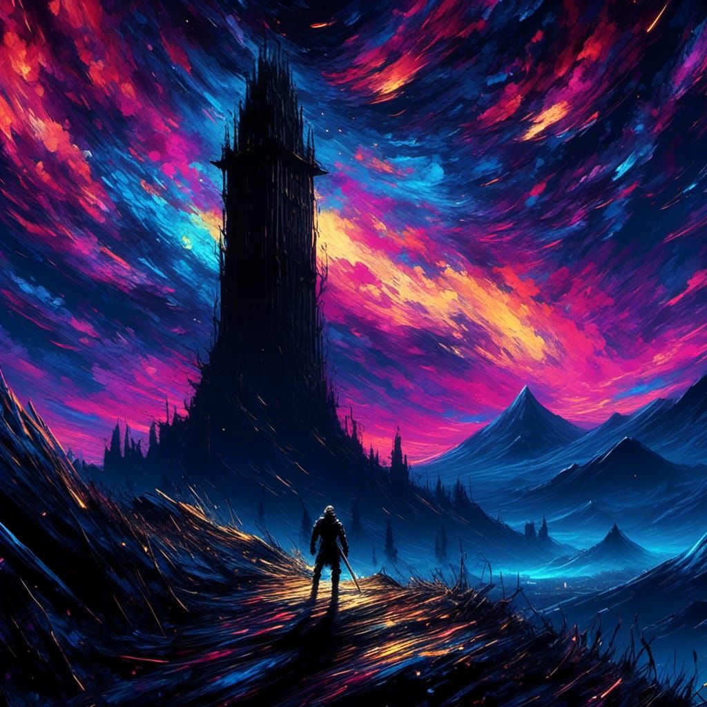 <lora:Comet-Fall:0.9> giant black tall tower on top of a hill, warrior silhouette walking towards; deep blue epic night sky acrylic paint vi...