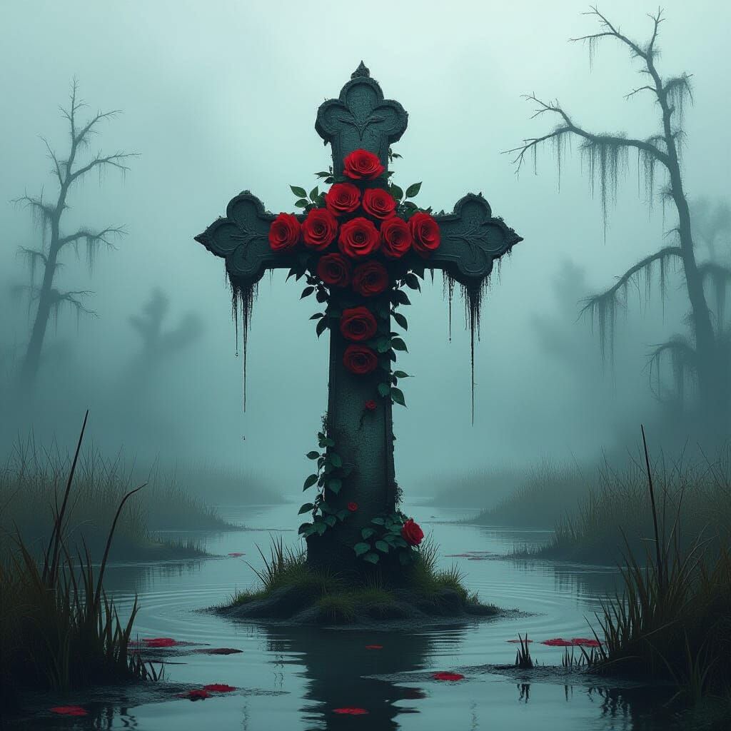 Eerie Swamp Cross with Roses in Biomechanical Style