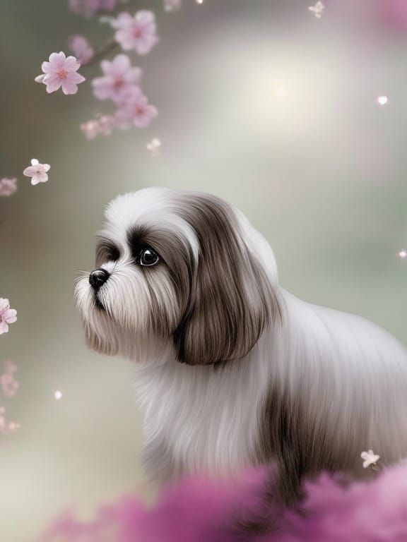 Shih tzu under cherry blossoms - AI Generated Artwork - NightCafe Creator