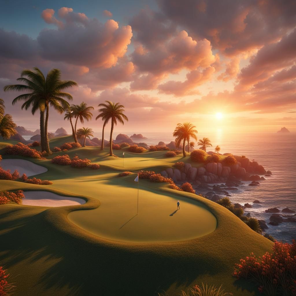 playing golf on a beautiful island with a nice sunset