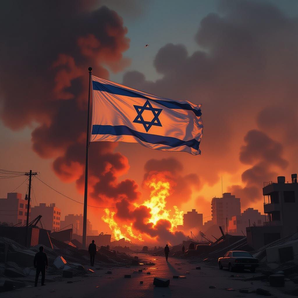 Waving Israeli Flag in Fiery Cityscape