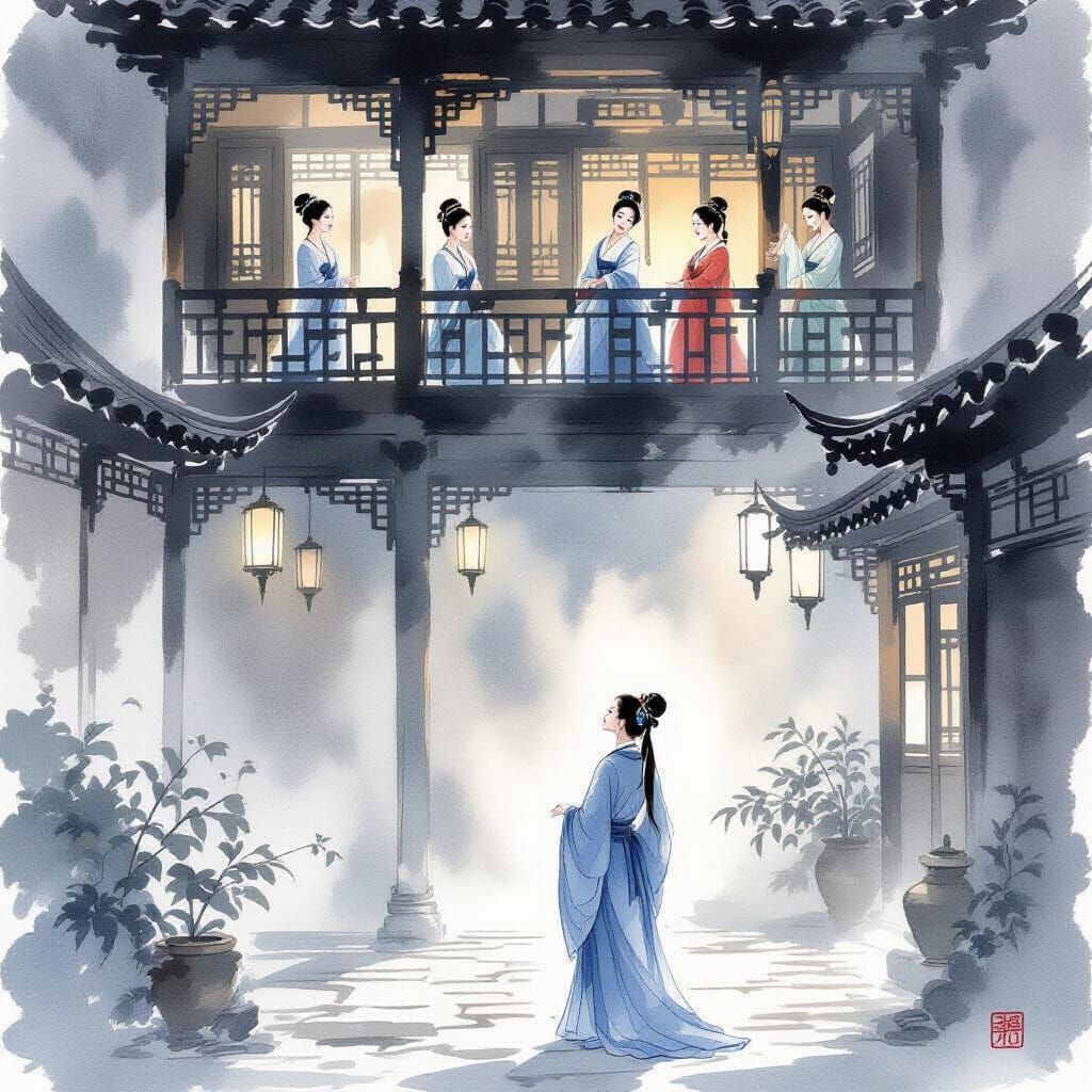 Scholar Gazes at Courtesans in Chinese Ink Painting Style