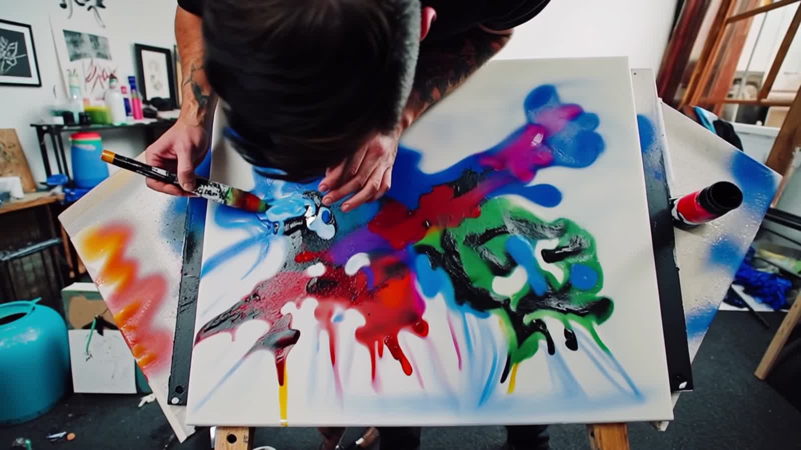 Beautiful artist smoking a joint while painting a canvas splash paint. graffiti art, splash art, street art, spray paint...