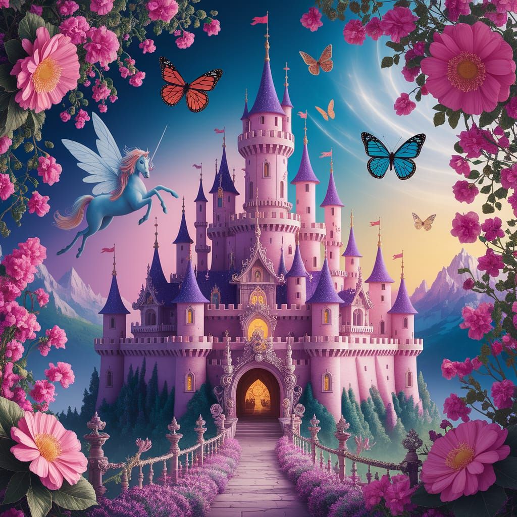 enchanted castle, fairy's, unicorns, butterfly 
psychedelic
