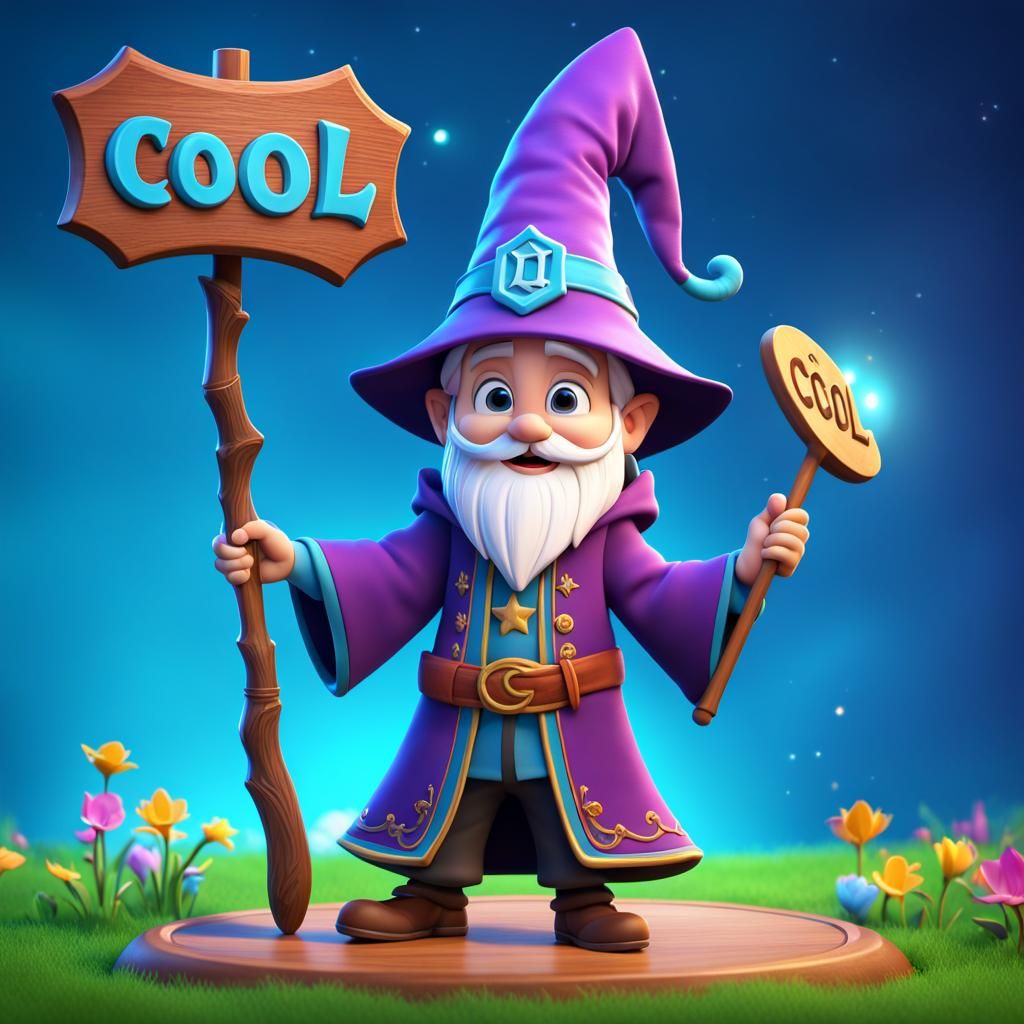 a cute wizard holding a wooden sign that says: 