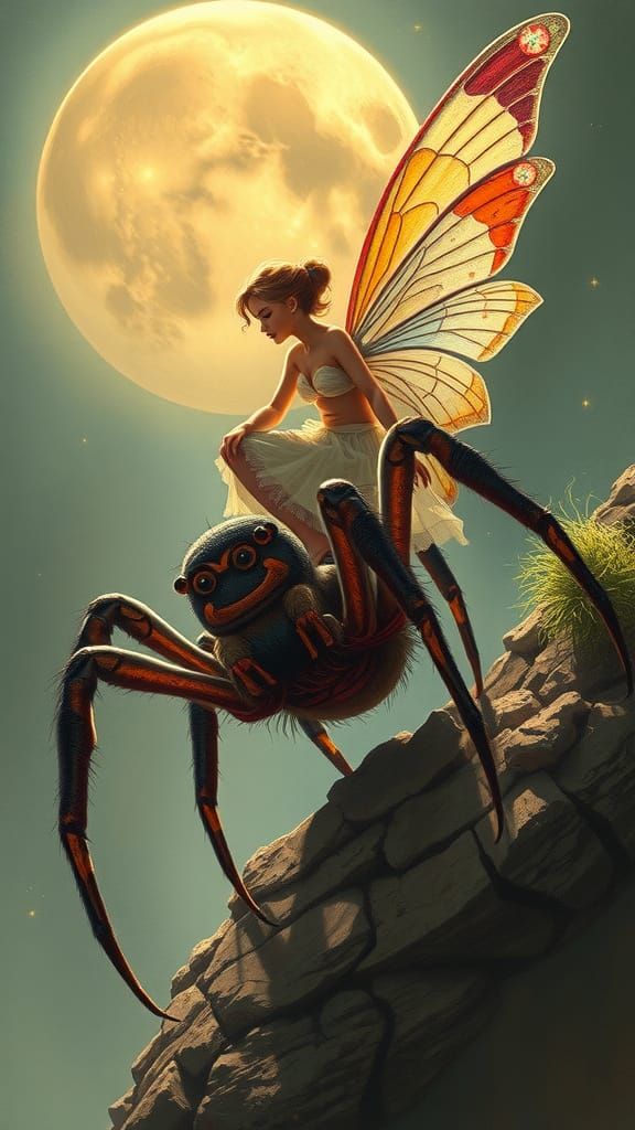 Frank Frazetta, fairy, riding spider. Full detail background